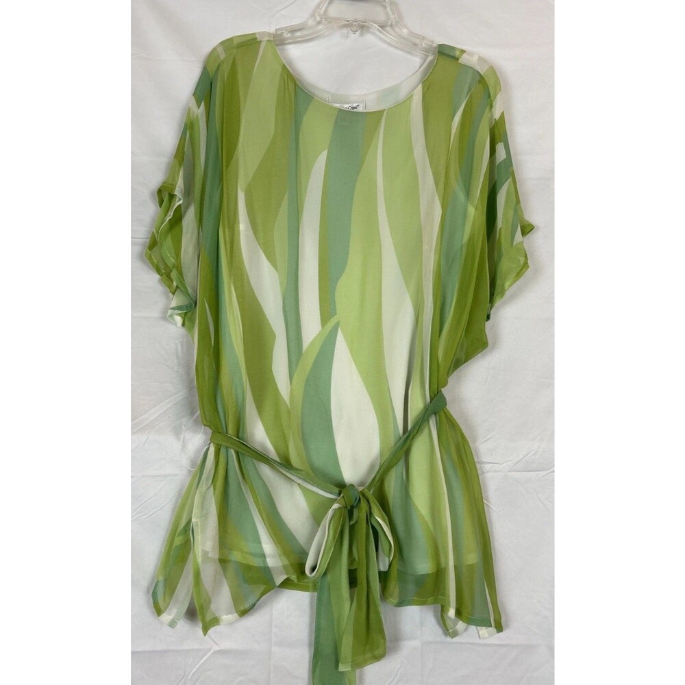 Coldwater Creek 100% SILK Green Paisley Size 1XL Chiffon Blouse Shirt Top Belt